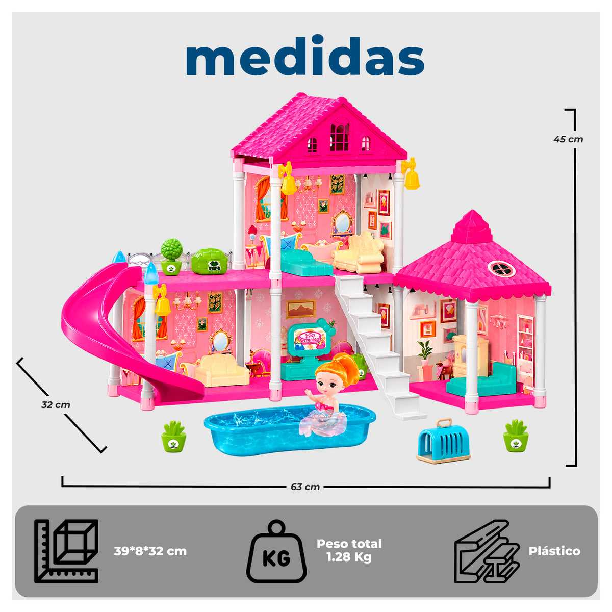 Casa de Muñecas 2 Pisos con Tobogán y Piscina 106 Piezas
