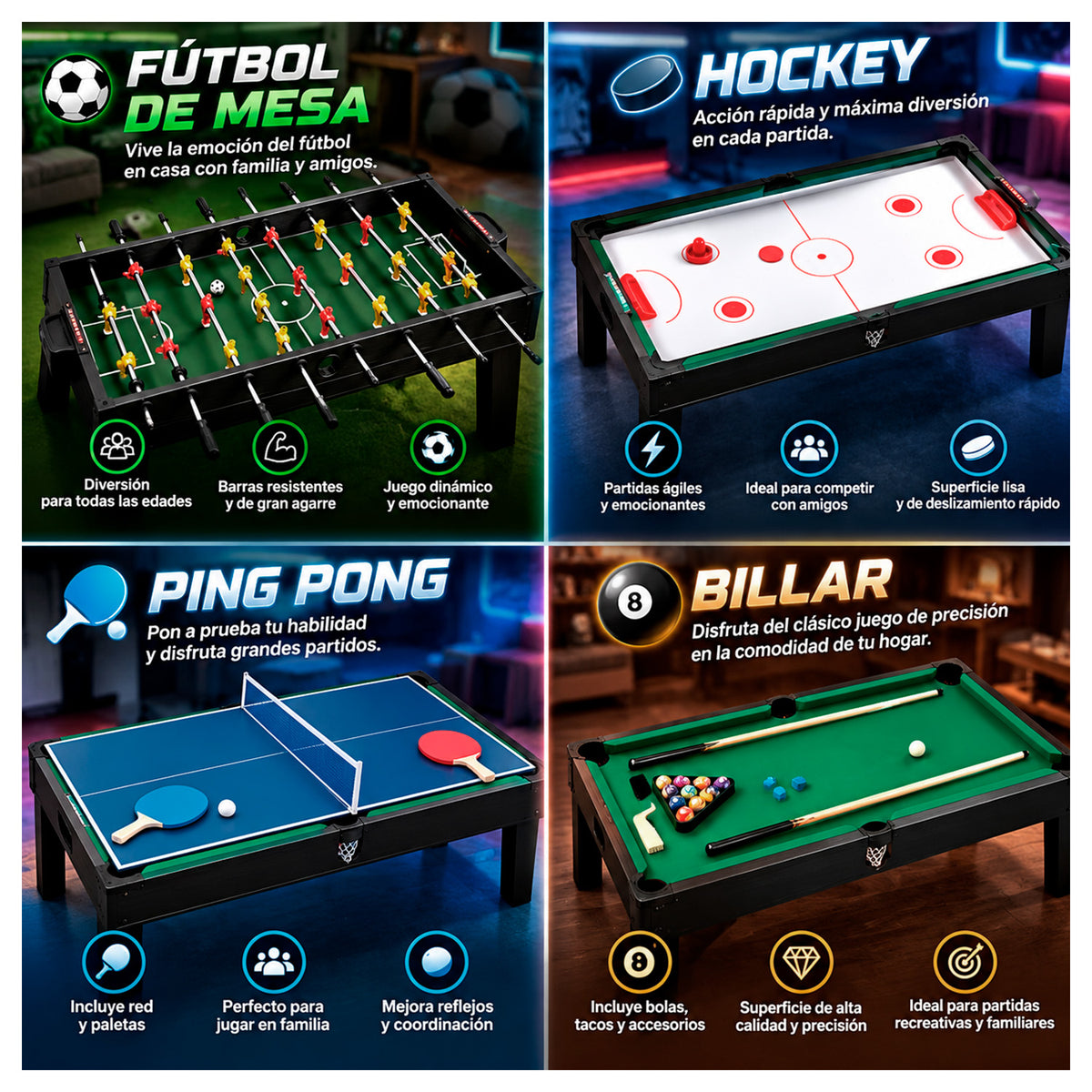 Mesa Multijuegos 4 en 1: Taca Taca, Pool, Hockey y Ping Pong
