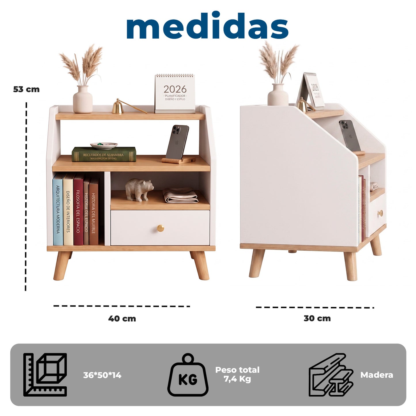 Velador con Cajón Doble Repisa y Compartimientos 53×40×30cm