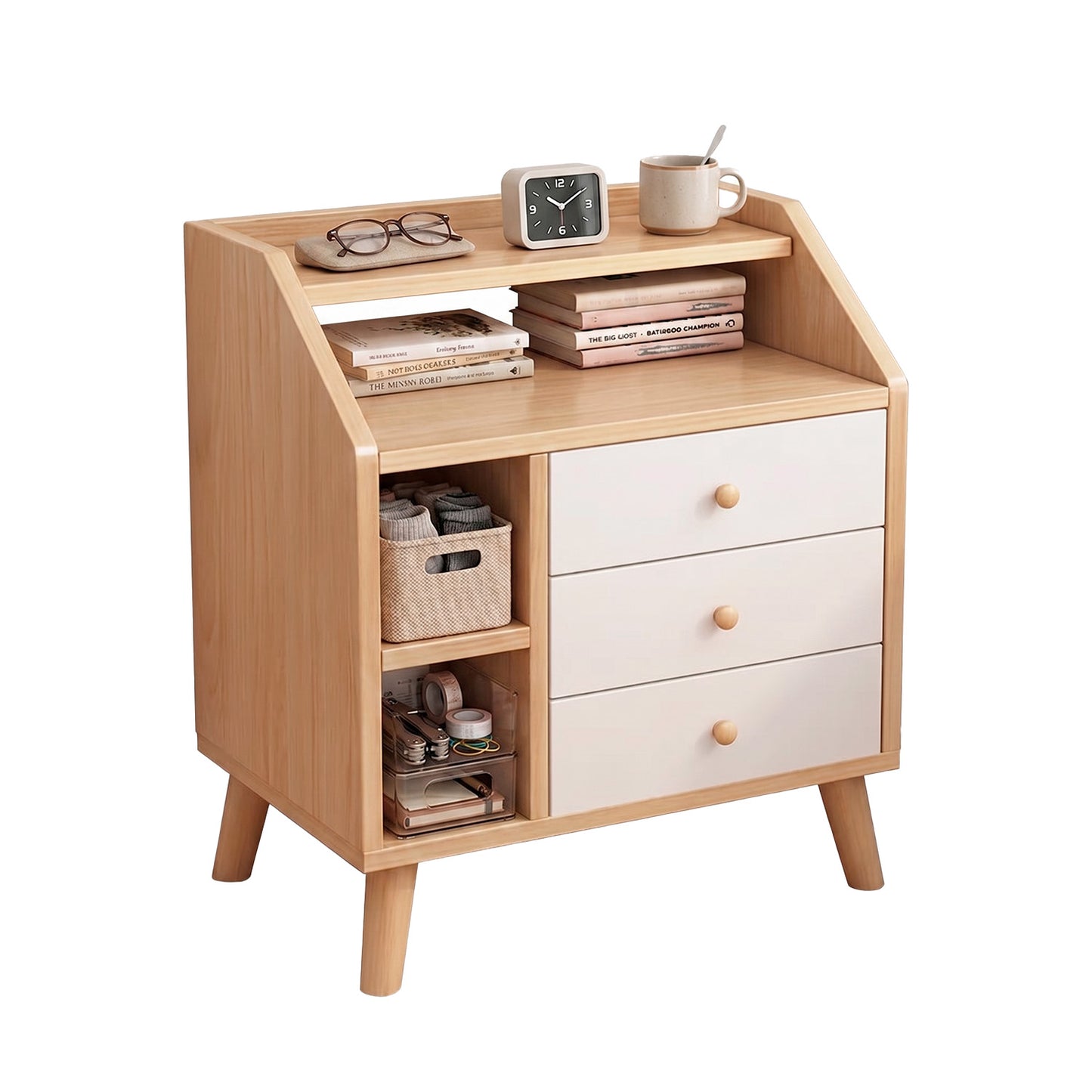 Velador de Madera con 3 Cajones y Repisas 61x50x30 cm