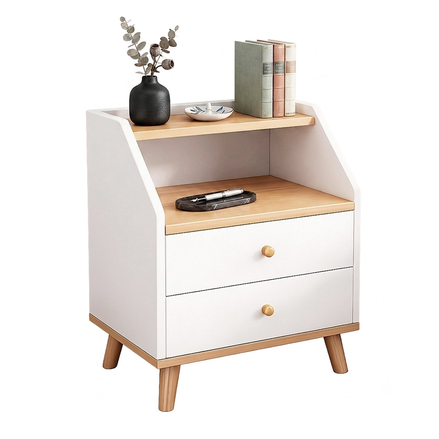 Velador de Madera con 2 Cajones y Doble Repisa 53x40x30 cm