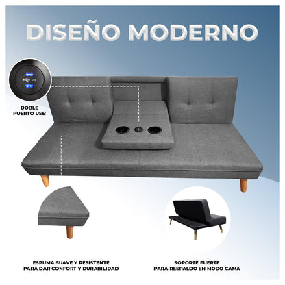 Futón Sofá Cama Reclinable Gris con Puerto Usb y Porta Vasos