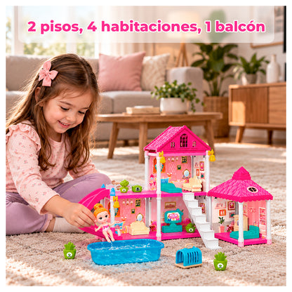 Casa de Muñecas 2 Pisos con Tobogán y Piscina 106 Piezas