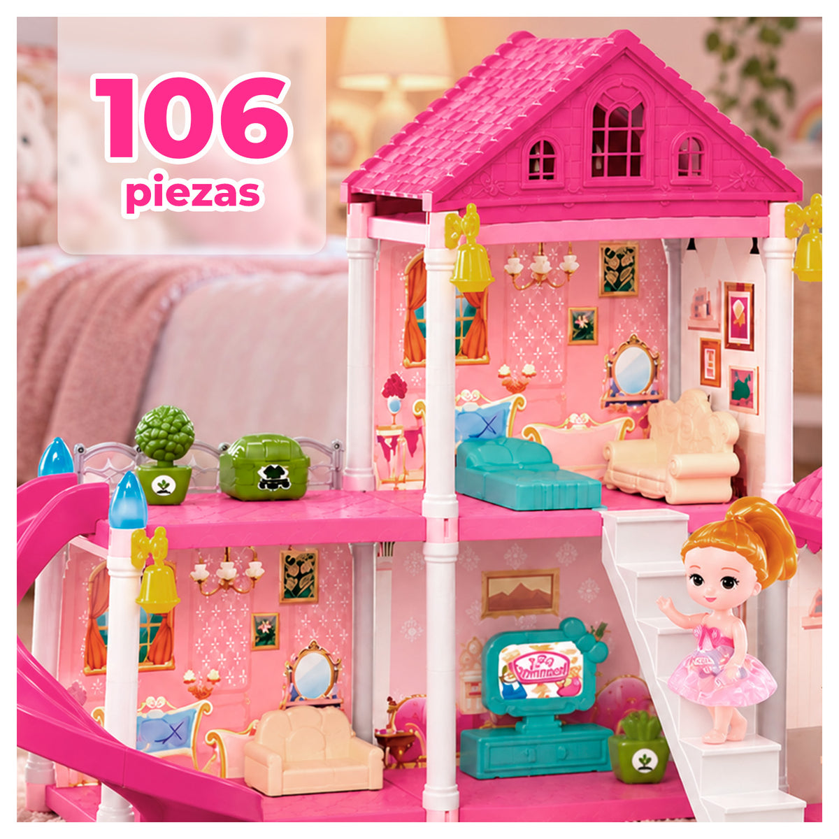 Casa de Muñecas 2 Pisos con Tobogán y Piscina 106 Piezas