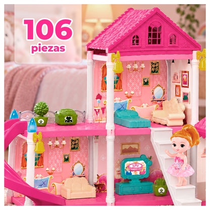 Casa de Muñecas 2 Pisos con Tobogán y Piscina 106 Piezas
