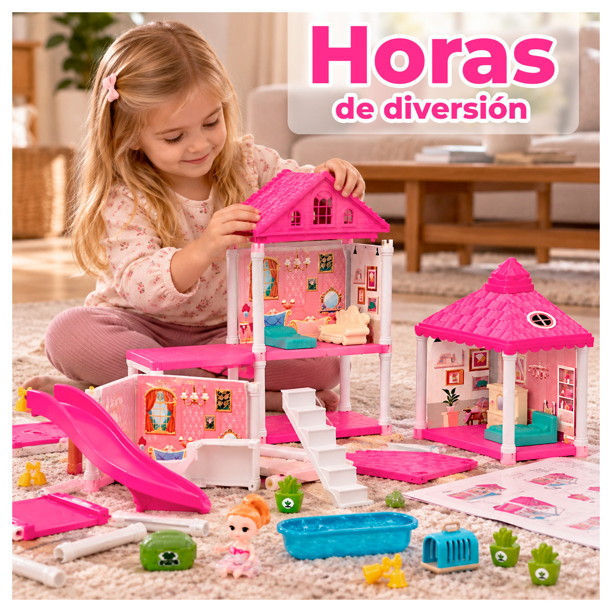 Casa de Muñecas 2 Pisos con Tobogán y Piscina 106 Piezas