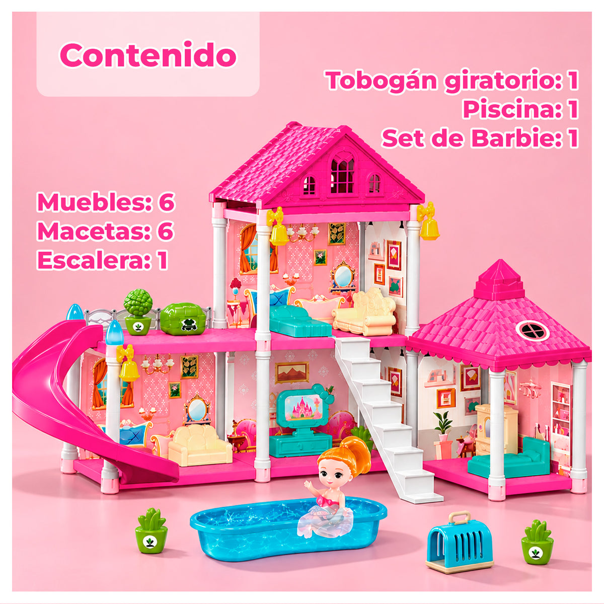 Casa de Muñecas 2 Pisos con Tobogán y Piscina 106 Piezas