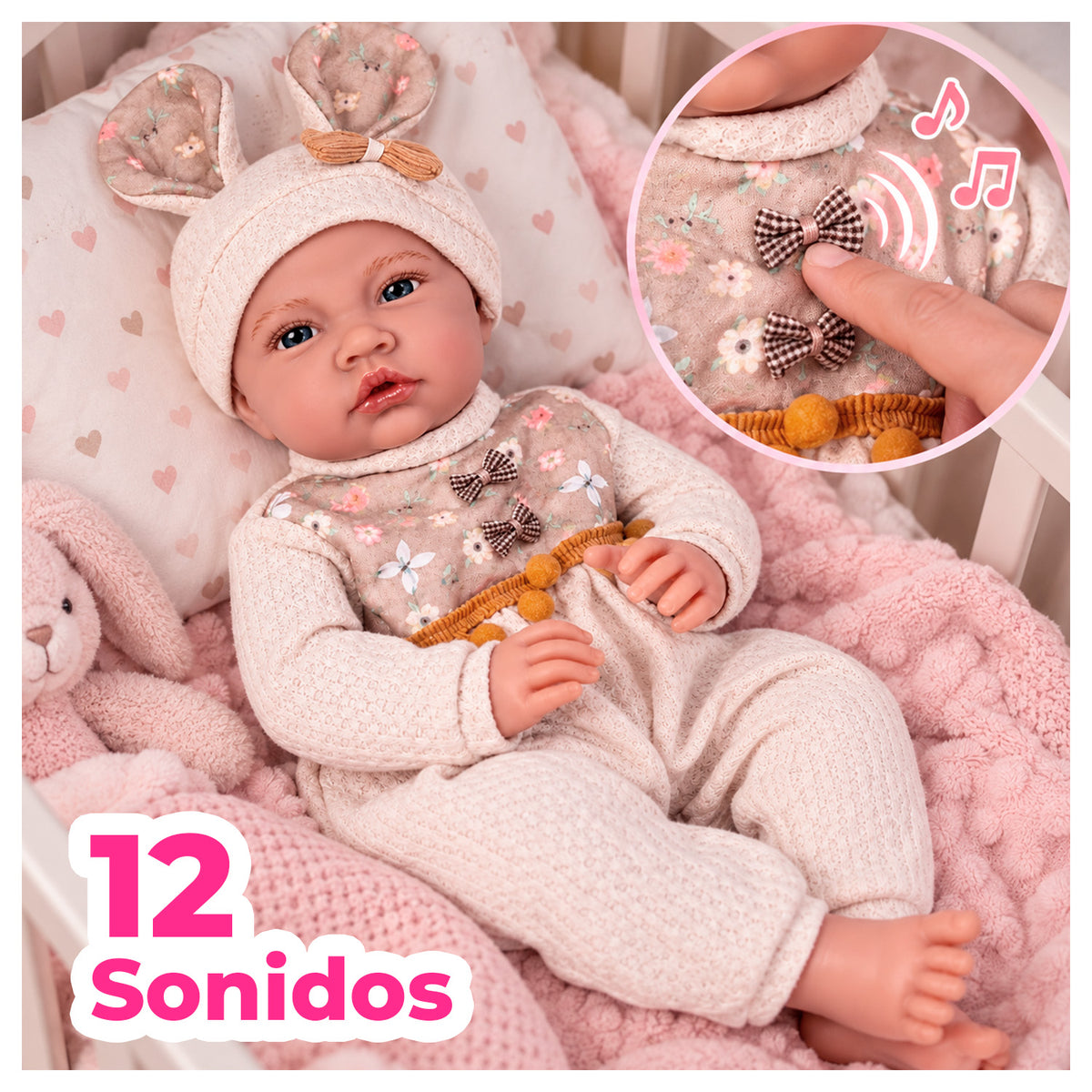 Muñeca Bebé Reborn Realista 40 cm con 12 Sonidos y Ropa