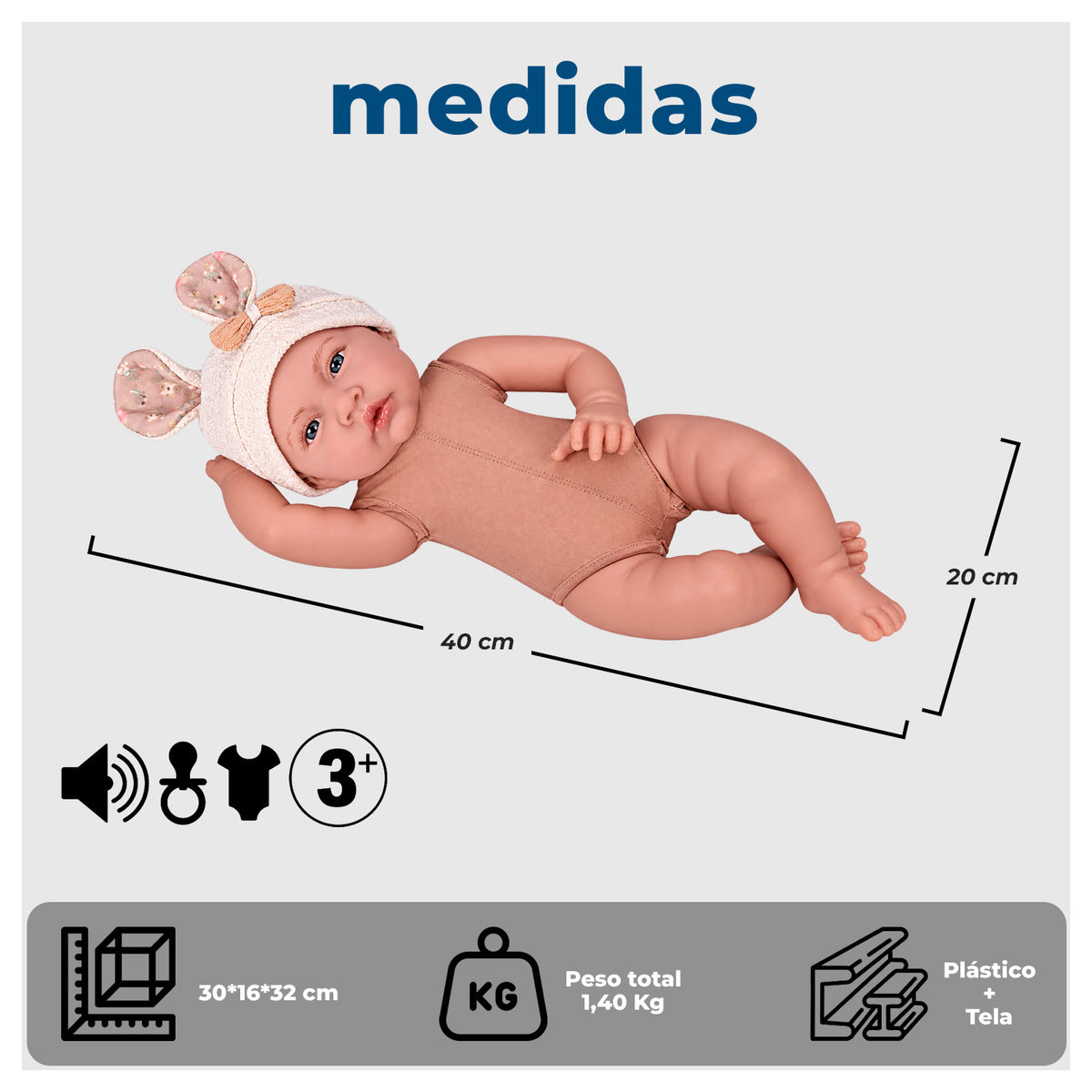 Muñeca Bebé Reborn Realista 40 cm con 12 Sonidos y Ropa