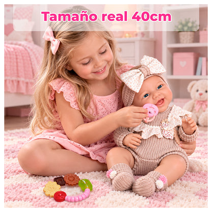 Muñeca Bebé Realista 40 cm con 12 Sonidos y Chupete