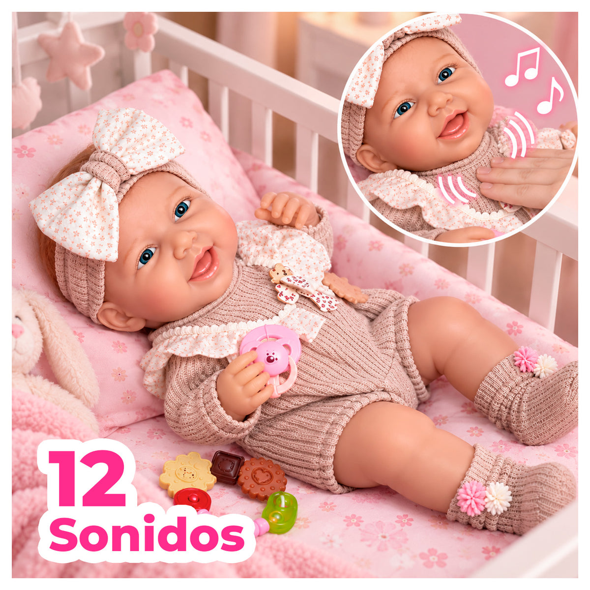 Muñeca Bebé Realista 40 cm con 12 Sonidos y Chupete