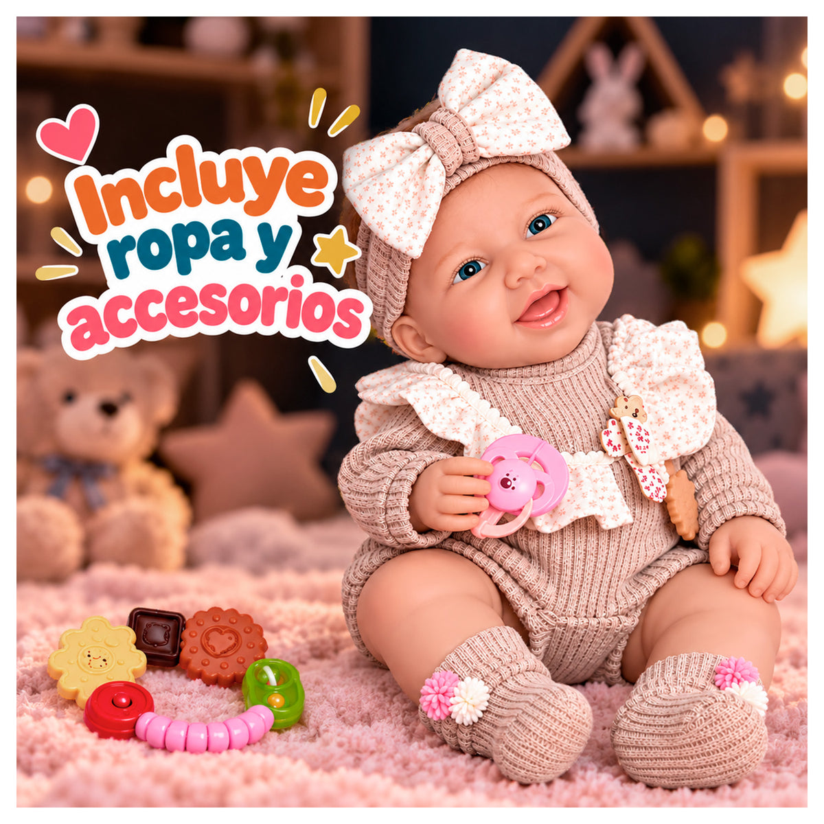 Muñeca Bebé Realista 40 cm con 12 Sonidos y Chupete
