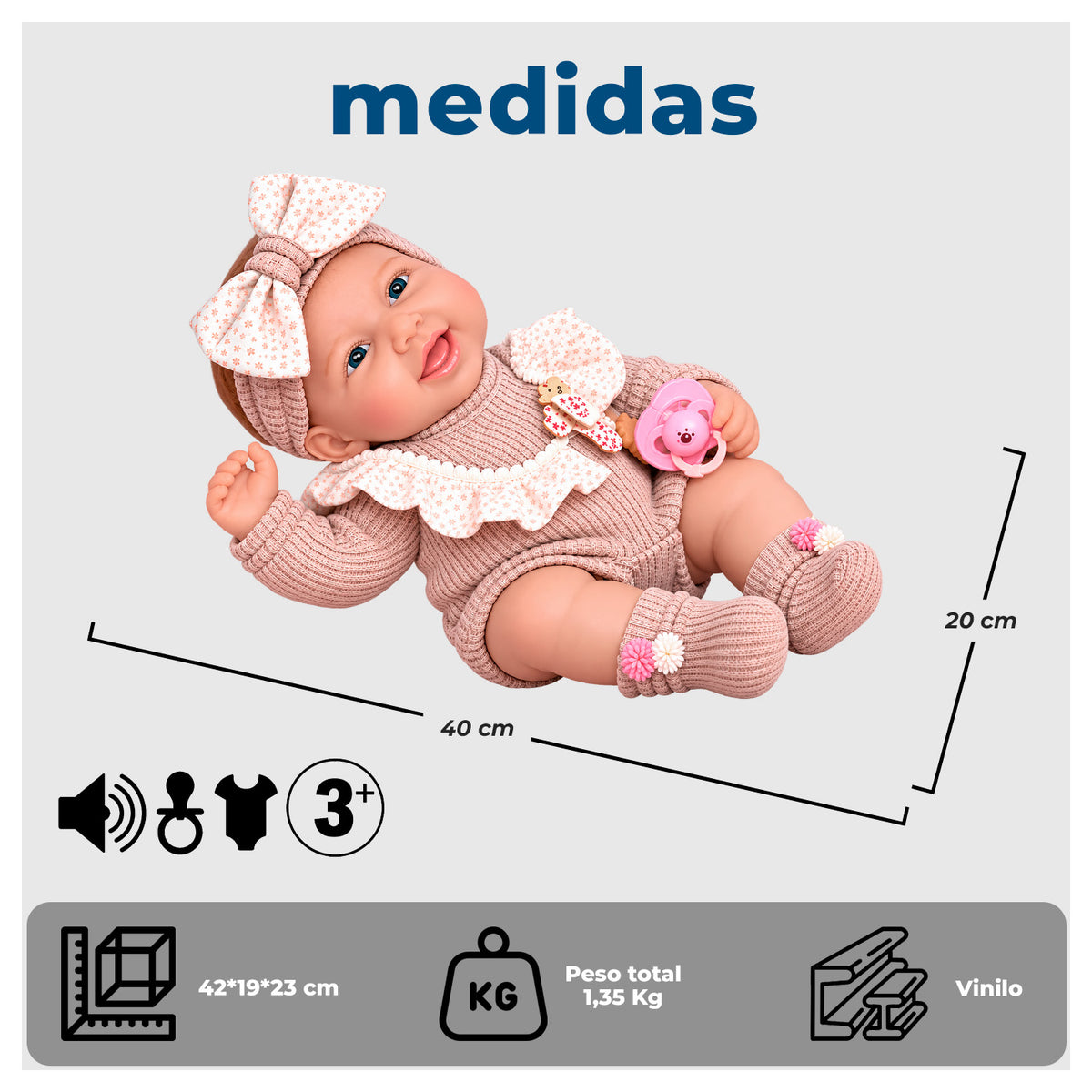Muñeca Bebé Realista 40 cm con 12 Sonidos y Chupete