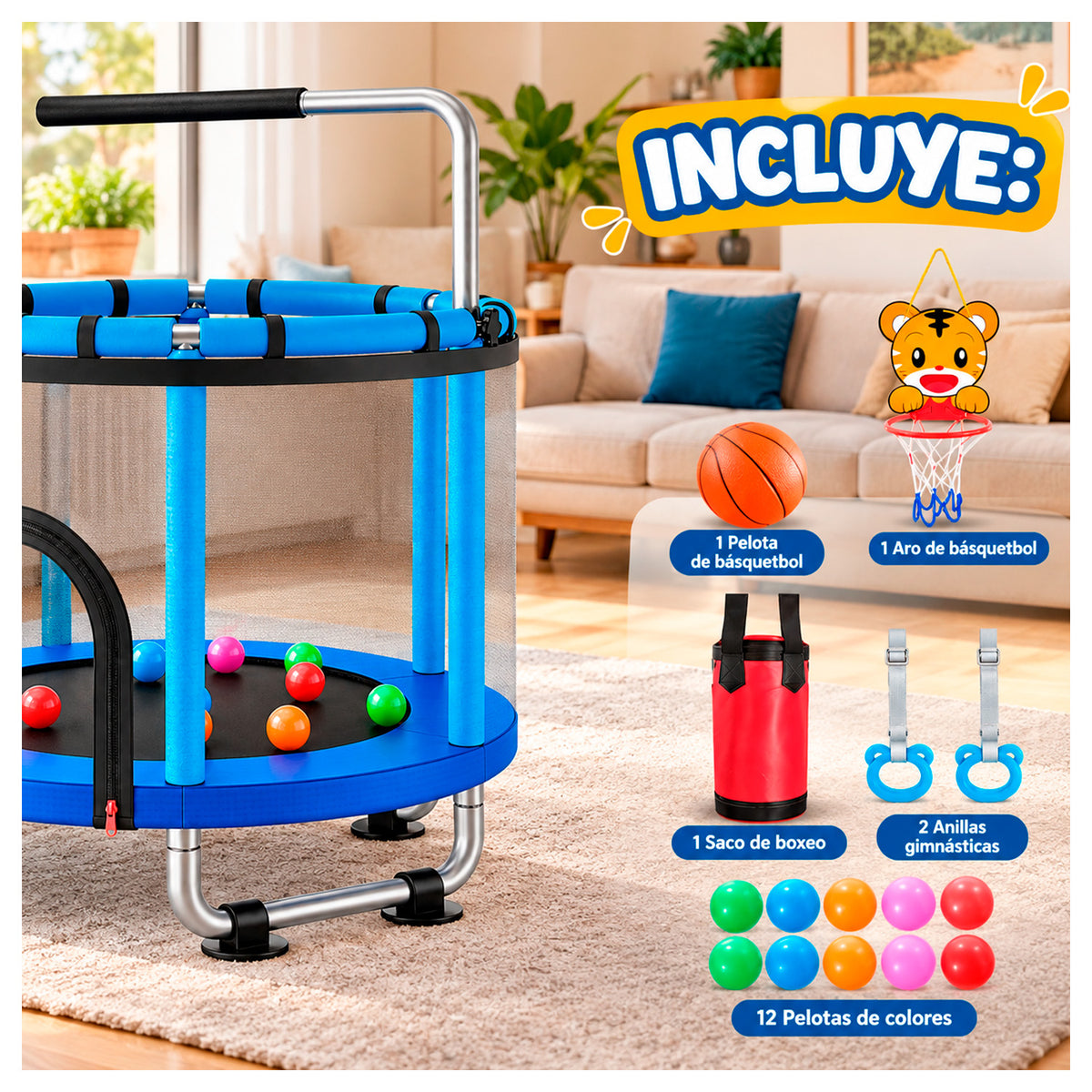 Mini Trampolín Infantil Multifuncional 5 en 1 Azul 142 cm