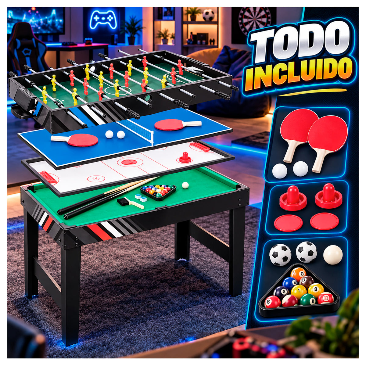 Mesa Multijuegos 4 en 1: Taca Taca, Pool, Hockey y Ping Pong
