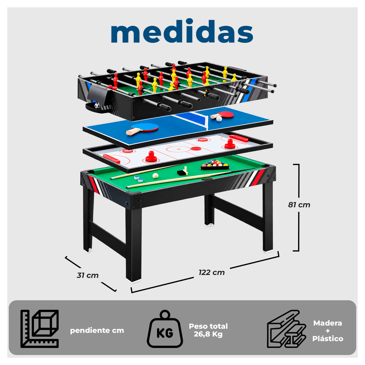 Mesa Multijuegos 4 en 1: Taca Taca, Pool, Hockey y Ping Pong