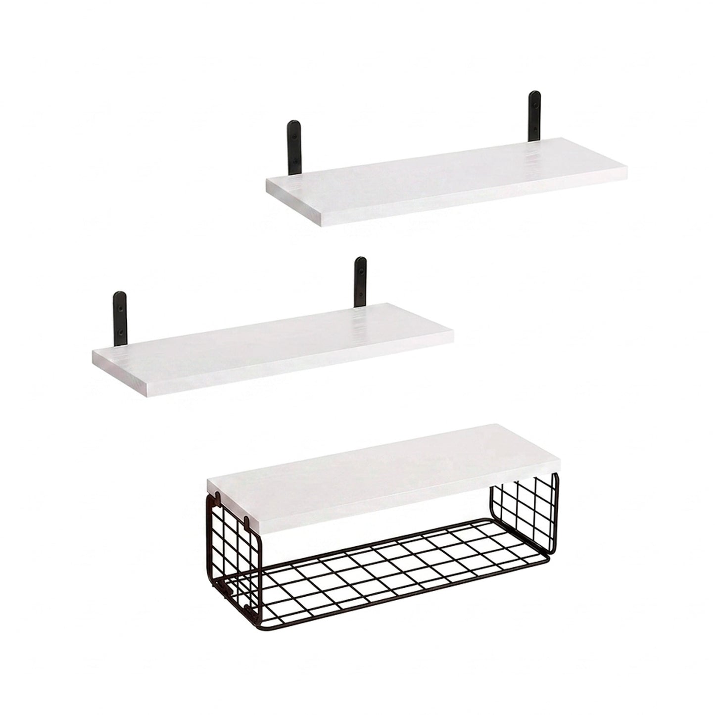 Repisas flotantes de madera Set de 3 niveles con canasta metálica