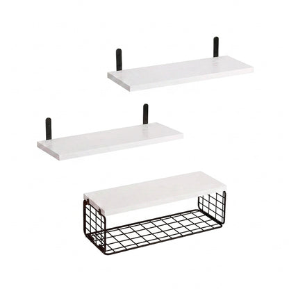Repisas flotantes de madera Set de 3 niveles con canasta metálica