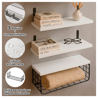 Repisas flotantes de madera Set de 3 niveles con canasta metálica