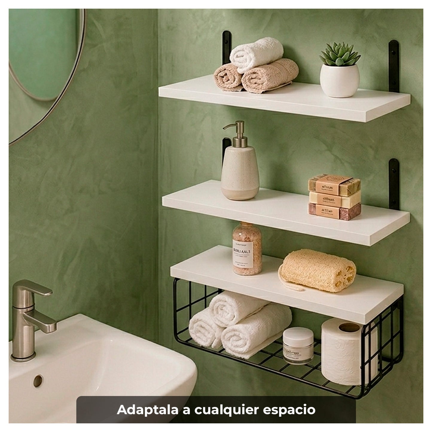 Repisas flotantes de madera Set de 3 niveles con canasta metálica