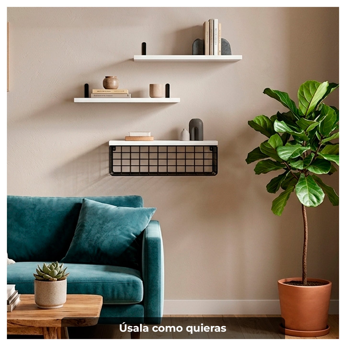 Repisas flotantes de madera Set de 3 niveles con canasta metálica