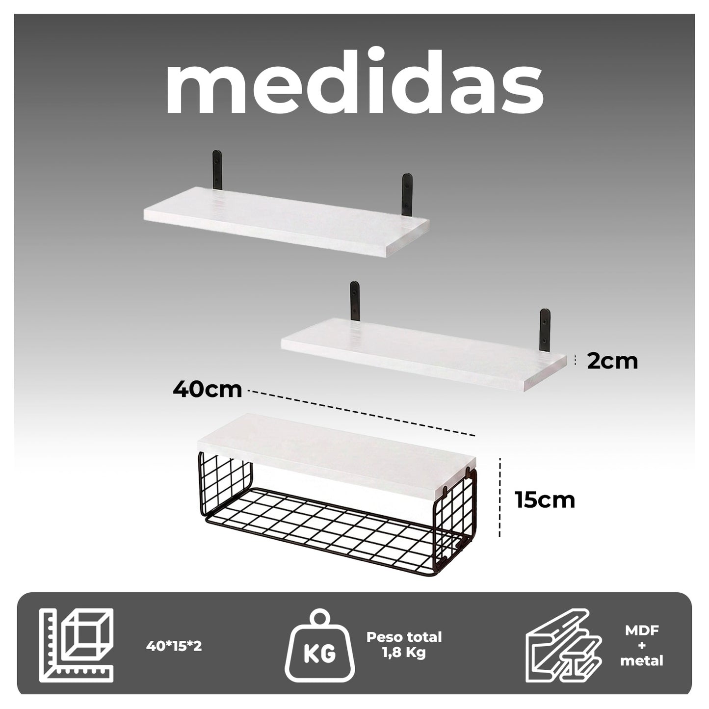 Repisas flotantes de madera Set de 3 niveles con canasta metálica