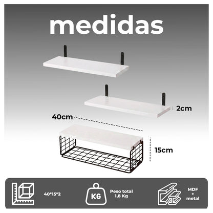Repisas flotantes de madera Set de 3 niveles con canasta metálica