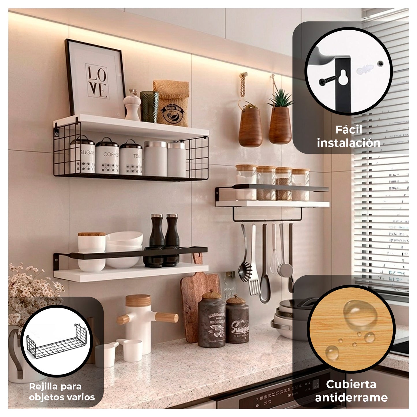 Repisas Decorativas para Cocina, Baño u Oficina 3 Piezas Multifunción
