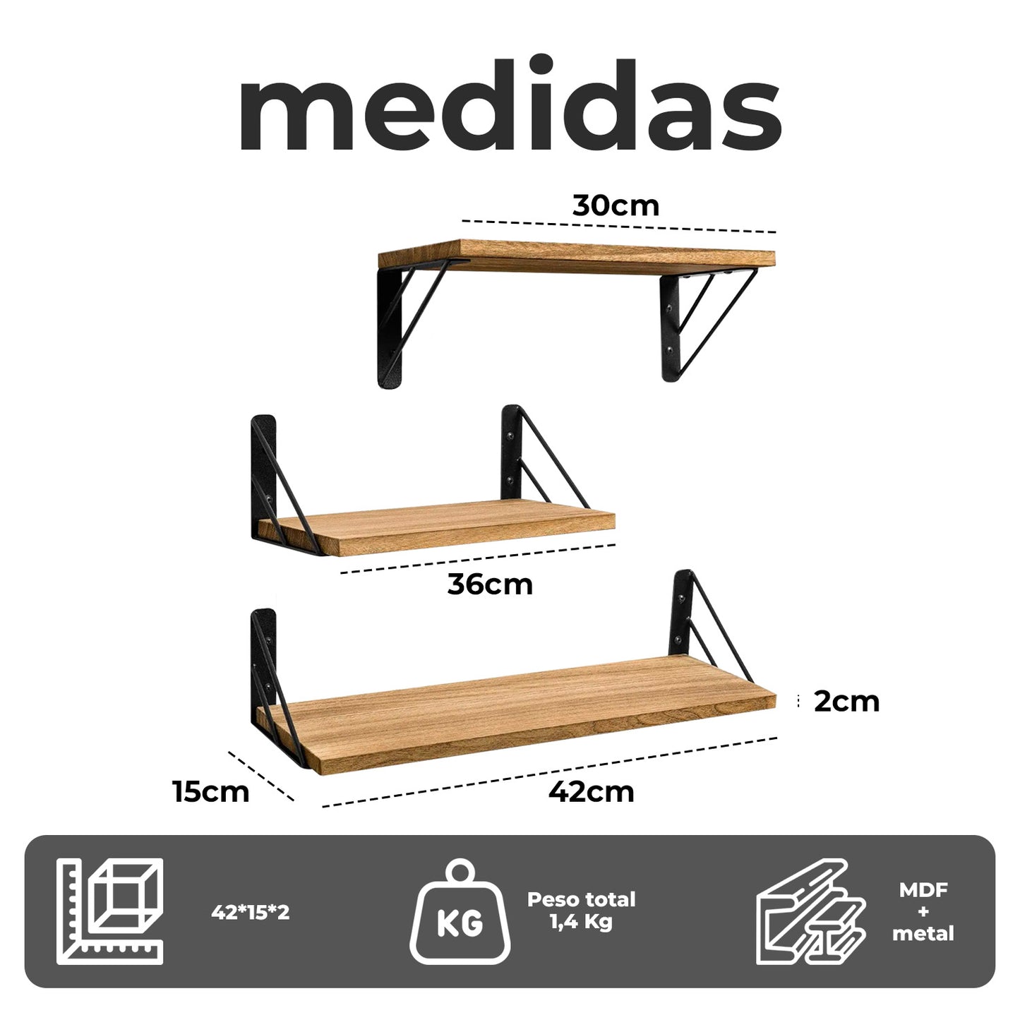 Set de 3 Repisas Flotantes de Madera y Metal Organización Moderna