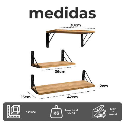 Set de 3 Repisas Flotantes de Madera y Metal Organización Moderna