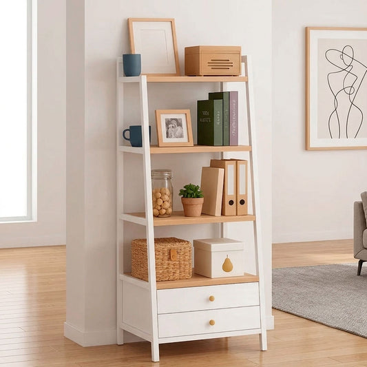 Librero Tipo Escalera con Cajonero 4 Repisas Blanco Madera