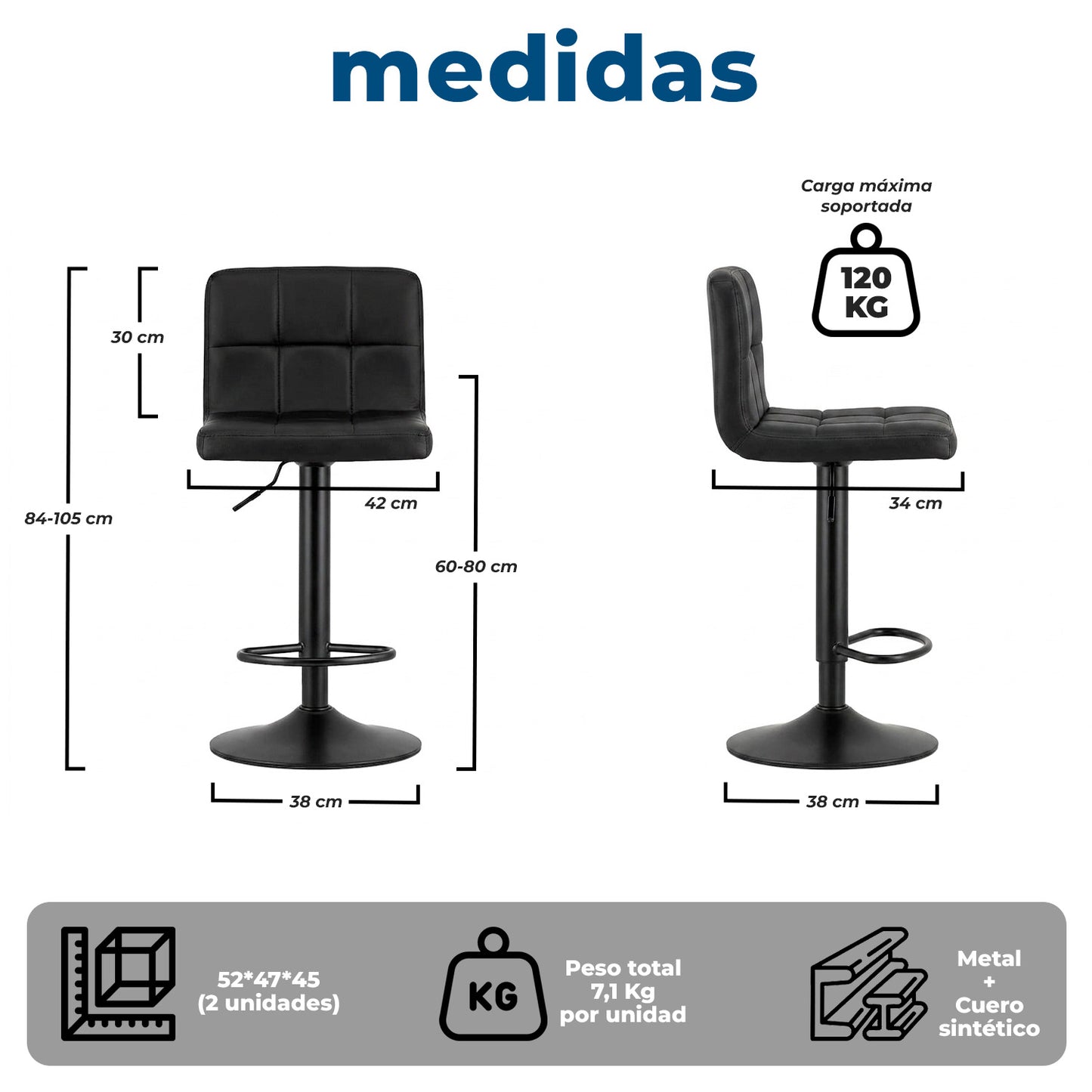 Pack 2 Silla de Bar con Base Mate y Altura Regulable Diseño Moderno