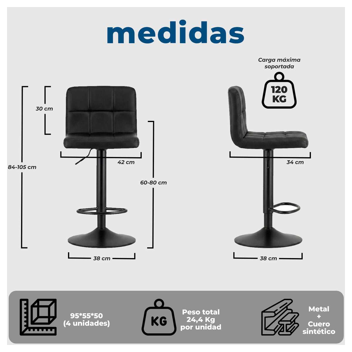 Pack 4 Silla de Bar con Base Mate y Altura Regulable Diseño Moderno