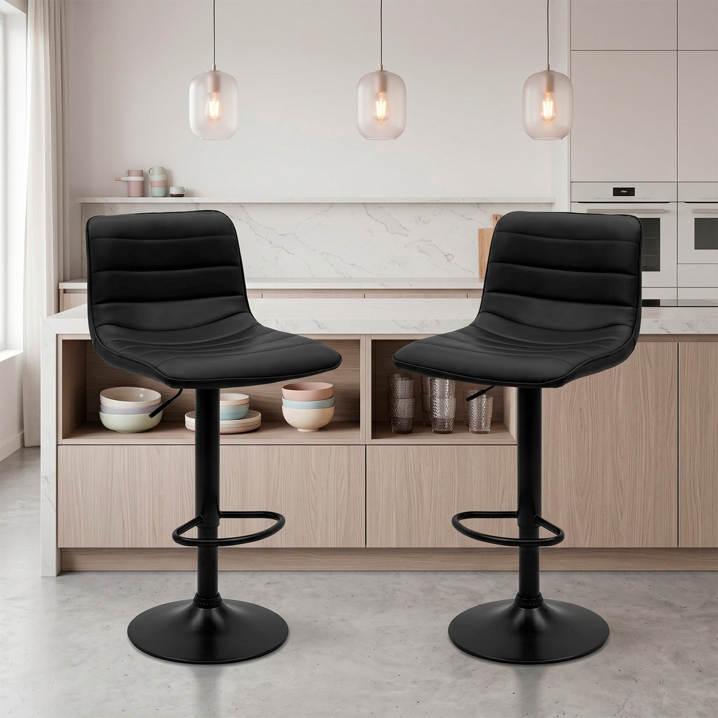 Pack 2 Silla Piso Bar Ajustable Negra Ergonómica Giratoria Cocina Isla 150kg