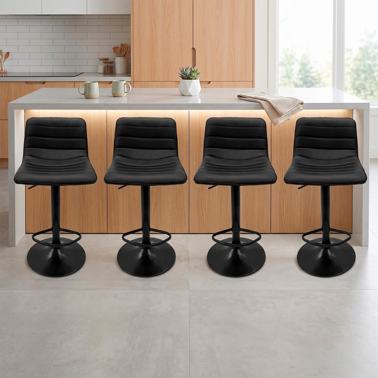 Pack 4 Silla Piso Bar Ajustable Negra Ergonómica Giratoria Cocina Isla 150kg