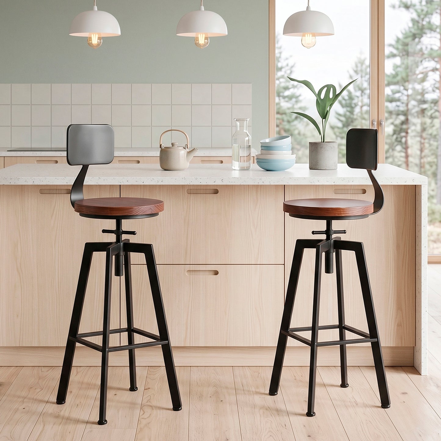 pack 2 Taburete Silla Bar Cocina Piso Alto Madera Metal Estilo Industrial