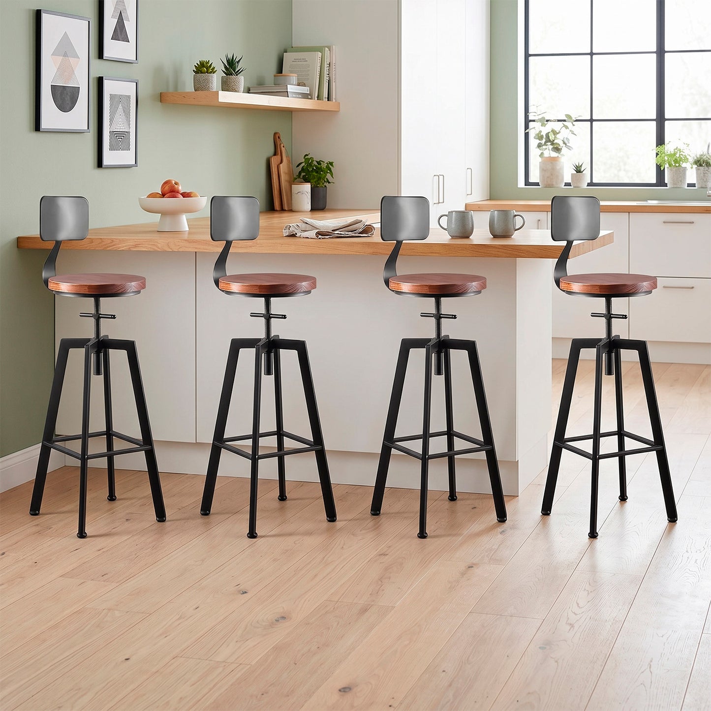 pack 4 Taburete Silla Bar Cocina Piso Alto Madera Metal Estilo Industrial
