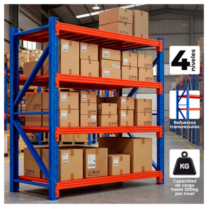 Estantería Rack Metálica Industrial 4 Niveles 200x200x40 cm