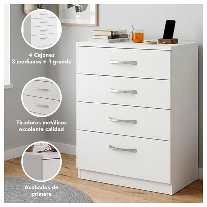Cómoda Blanca 4 Cajones Mueble Organizador Dormitorio