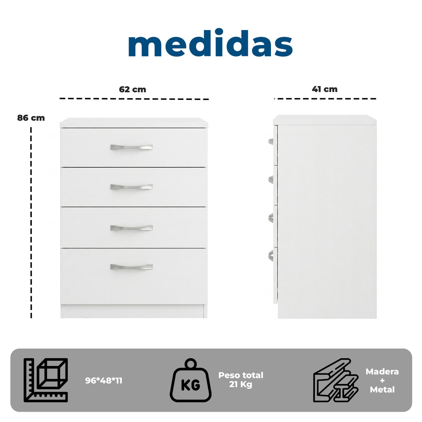 Cómoda Blanca 4 Cajones Mueble Organizador Dormitorio