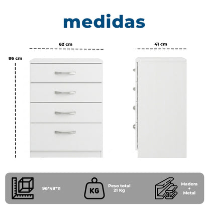 Cómoda Blanca 4 Cajones Mueble Organizador Dormitorio