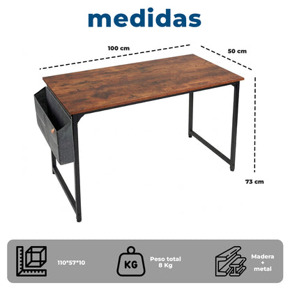 Escritorio Oficina 100cm Estructura Metálica con Bolsa Lateral