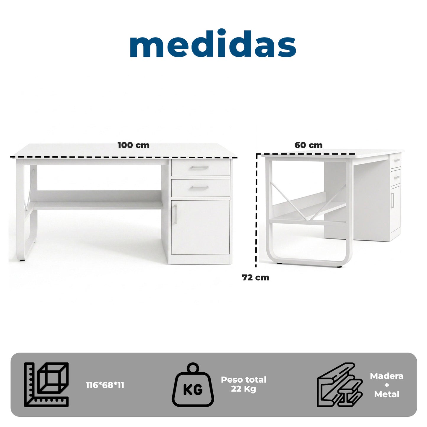 Escritorio 100cm Home Office con Cajones Puerta y Gabinete
