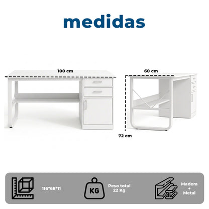 Escritorio 100cm Home Office con Cajones Puerta y Gabinete