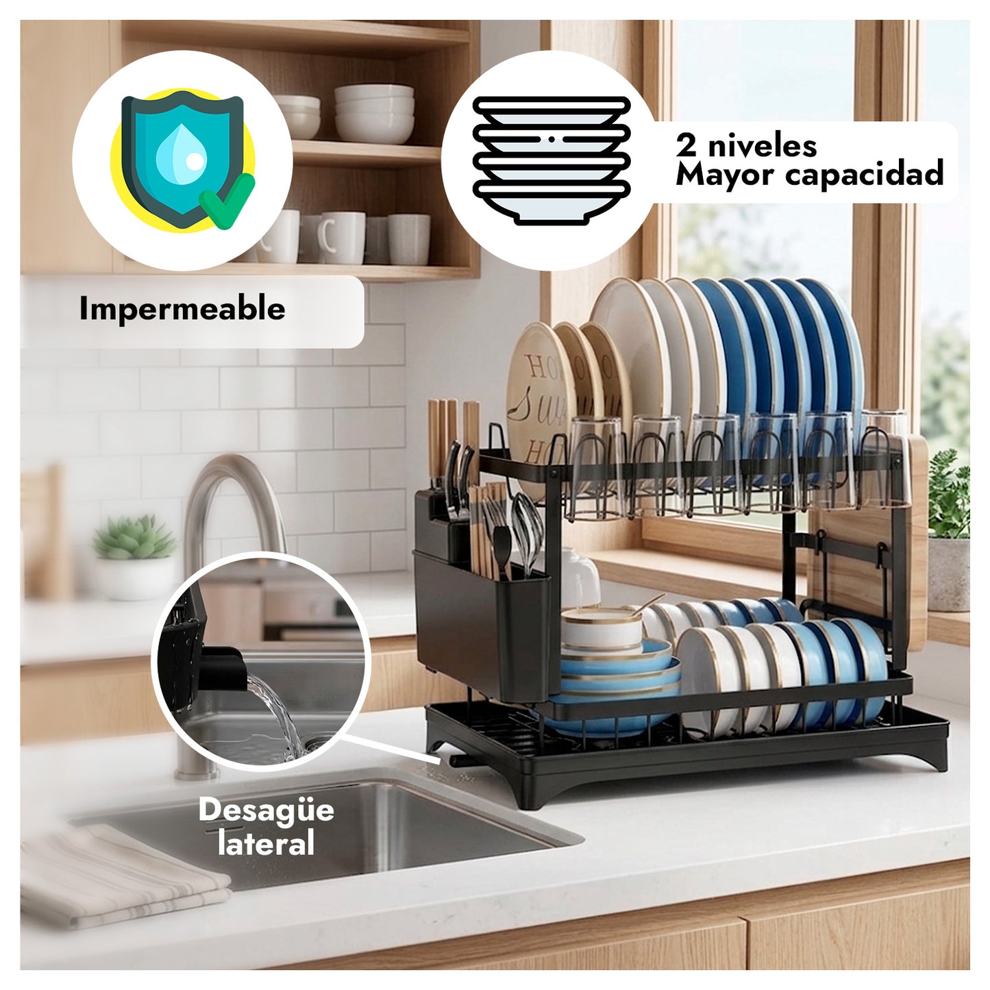 Escurridor de Platos 2 Niveles con Desagüe Giratorio 360°