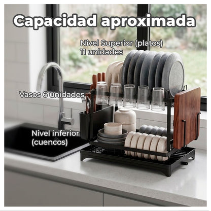 Escurridor de Platos 2 Niveles con Desagüe Giratorio 360°