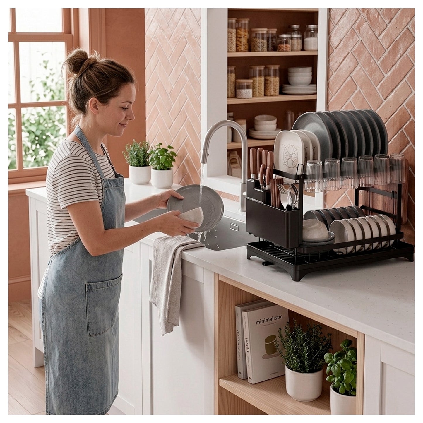 Escurridor de Platos 2 Niveles con Desagüe Giratorio 360°