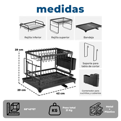 Escurridor de Platos 2 Niveles con Desagüe Giratorio 360°