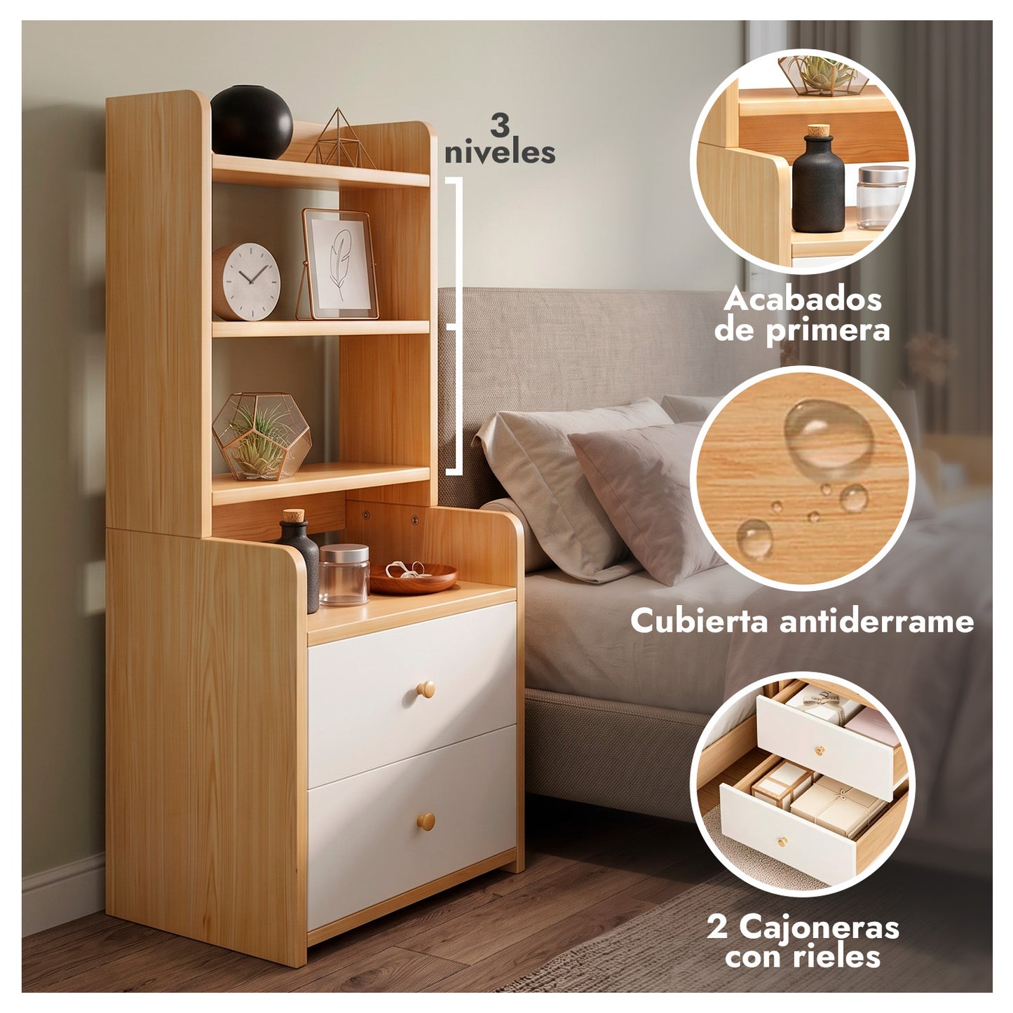 Velador con Librero 2 Cajones Repisa Organizador Dormitorio