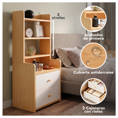 Velador con Librero 2 Cajones Repisa Organizador Dormitorio